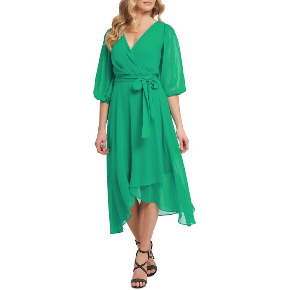 DKNY Womens Green Textured Mid Calf Surplice Wrap Dress Petites Imperfections
